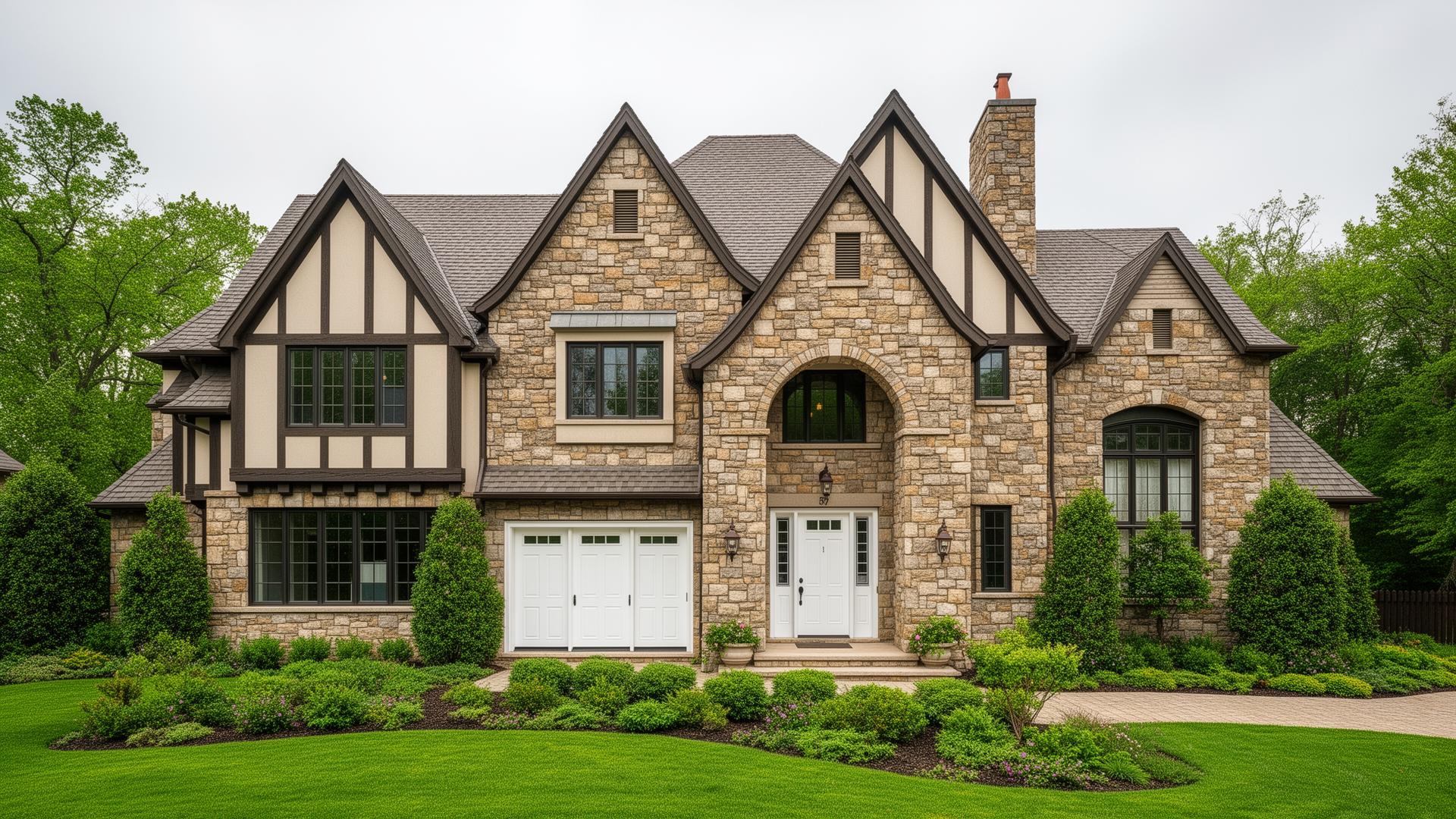 Professional residential garage door installation on Tudor style home in Tryon NC